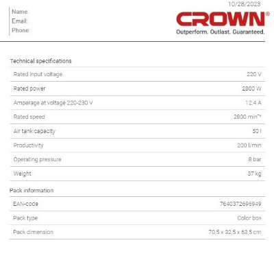 Picture of Crown 50L Oil-Free Air Compressor, Silence Air Compressor for Dental Doctor Capacity: 50L, Power : 2800W, Model: CT36094 - Kings Trading