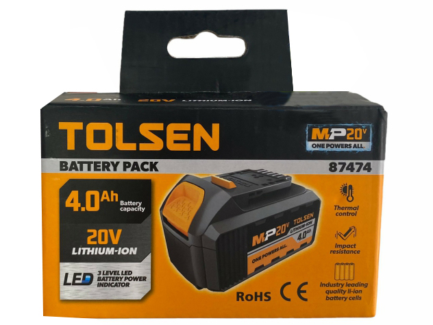 Picture of Tolsen 20V 4.0Ah Li-ion Battery Pack compatible with all TOLSEN MP20V cordless tools. One Powers All, Model: 87474