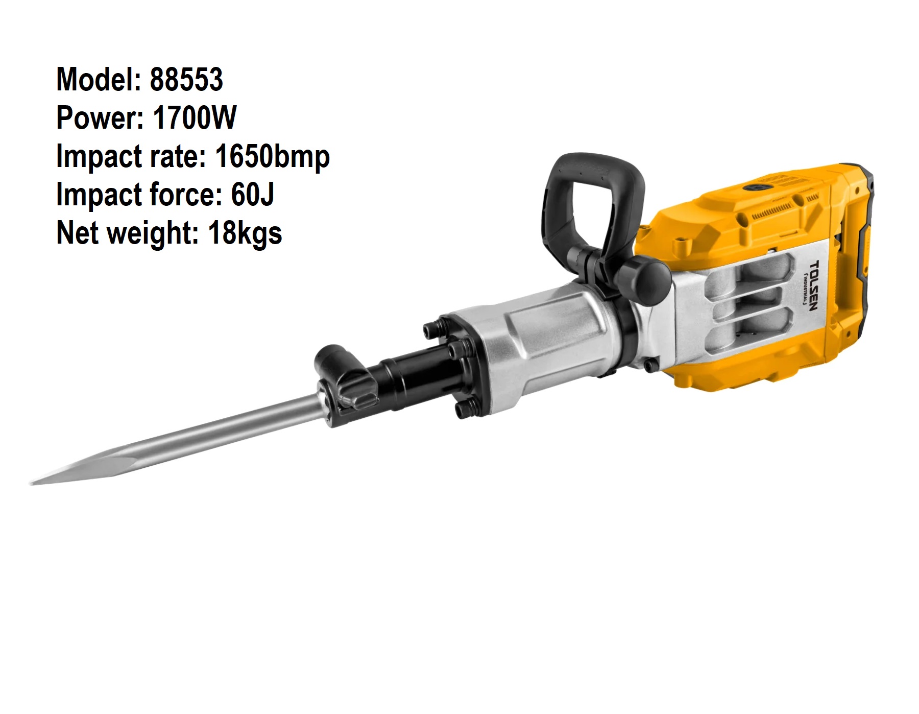 Picture of Tolsen 1700W Demolition Hammer w/ 6pcs Accessories Impact rate: 1650bmp, Impact force: 60J, HEX chuck system Heavy Duty Industrial Grade Model: 88553