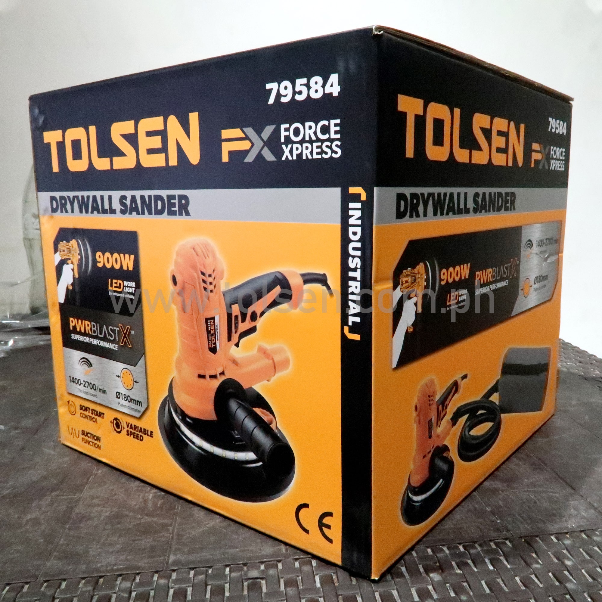 Picture of Tolsen Electric Drywall Sander 900W 180mm, Drywall Sander with Vacuum and LED Light 5 Variable Speed w/ 10pcs Accessories, CE Approved Industrial Series Model: 79584