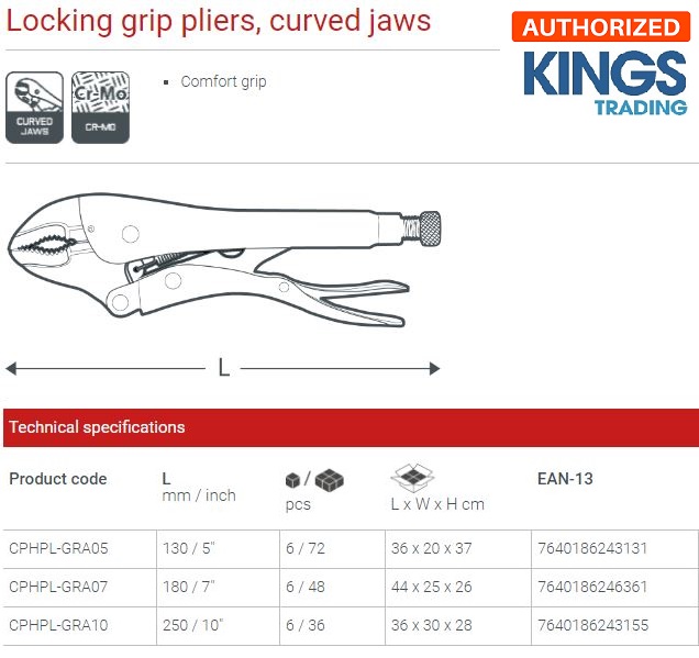Picture of CROWN 7" Locking grip pliers, curved round jaws 180mm CPHPL-GRA07
