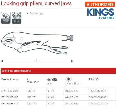 Picture of CROWN 7" Locking grip pliers, curved round jaws 180mm CPHPL-GRA07