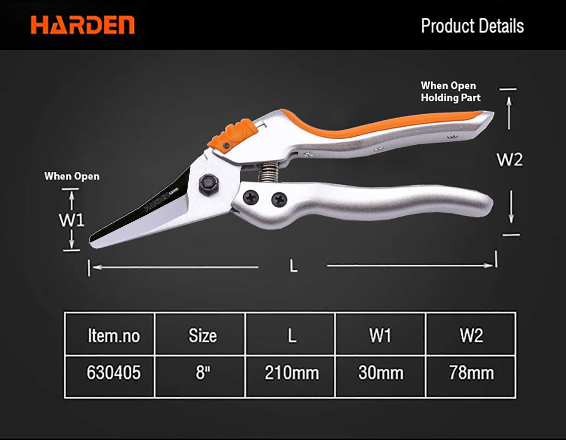 Picture of Harden 8" (200mm) Professional Garden Pruner - Forged of SK5 Steel, Comfortable TPR Handle, Large Spring & Plastic Lock, Anti-Touch Design - 630405