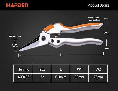 Picture of Harden 8" (200mm) Professional Garden Pruner - Forged of SK5 Steel, Comfortable TPR Handle, Large Spring & Plastic Lock, Anti-Touch Design - 630405