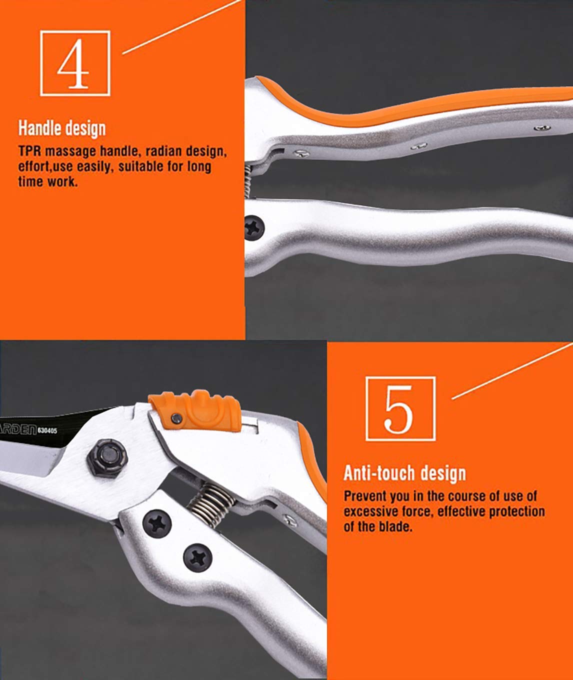 Picture of Harden 8" (200mm) Professional Garden Pruner - Forged of SK5 Steel, Comfortable TPR Handle, Large Spring & Plastic Lock, Anti-Touch Design - 630405