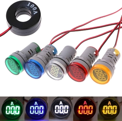 Picture of Ammeter 22.5mm Round Panel LED Digital Ampere Meter Current Meter Indicator Light With CT, 0-100A, Available Color Red / Yellow / Blue / Green / White