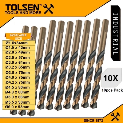 Picture of Tolsen 10pcs Black & Gold HSS Drill Bits ( 1 | 1.5 | 2 | 2.5| 3 |3.2 | 3.5 | 4 | 4.2 | 4.5 | 4.8 | 5 | 5.5 | 6mm) For Metal and Stainless Industrial Grade