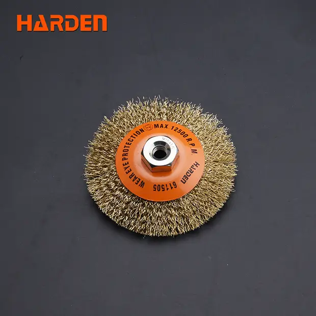 Picture of Harden 4" Copper Brush ( M14 x 2.0 Thread ) Criped Wire Bevel Brush Disc type wire wheel grinding