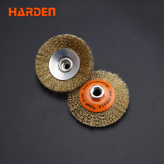 Picture of Harden 4" Copper Brush ( M14 x 2.0 Thread ) Criped Wire Bevel Brush Disc type wire wheel grinding