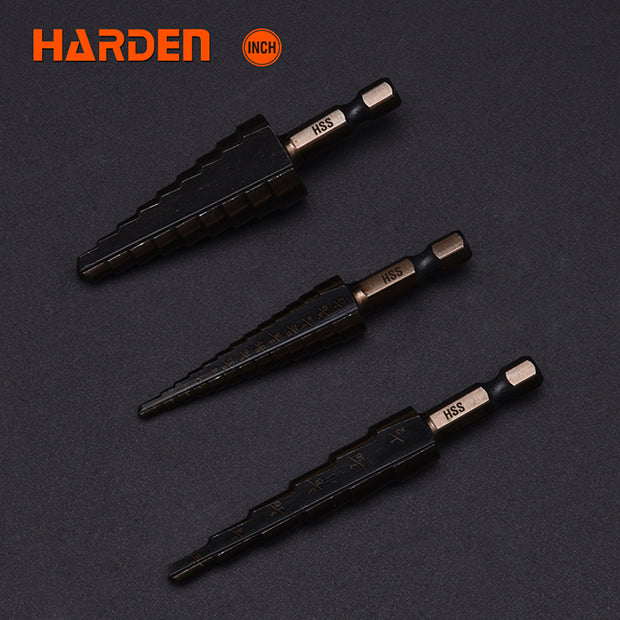 Picture of Harden Metal step drill bit set 3Pcs Inch Size (3/16 - 1/2"; 1/4 - 3/4"; 1/8 - 1/2")  titanium coated 614173