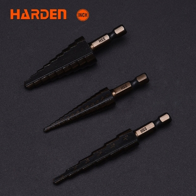 Picture of Harden Metal step drill bit set 3Pcs Inch Size (3/16 - 1/2"; 1/4 - 3/4"; 1/8 - 1/2")  titanium coated 614173