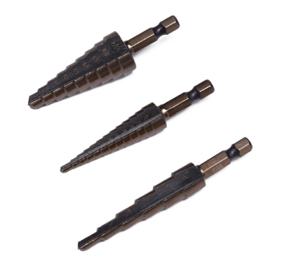 Picture of Harden Metal step drill bit set 3Pcs Inch Size (3/16 - 1/2"; 1/4 - 3/4"; 1/8 - 1/2")  titanium coated 614173