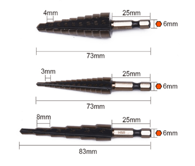 Picture of Harden Metal step drill bit set 3Pcs Inch Size (3/16 - 1/2"; 1/4 - 3/4"; 1/8 - 1/2")  titanium coated 614173