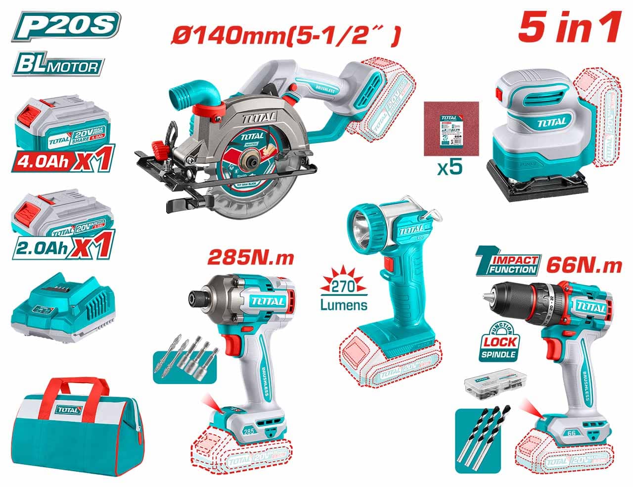 Picture of Total 5 in 1 Combo Set with Circular Saw(140mm) + Compact Drill(66nm) + Impact Driver(285nm) + Lamp + Sander, Model: TOSLI241081