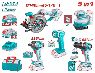 Picture of Total 5 in 1 Combo Set with Circular Saw(140mm) + Compact Drill(66nm) + Impact Driver(285nm) + Lamp + Sander, Model: TOSLI241081
