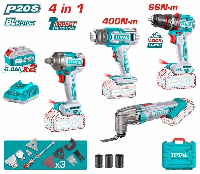 Picture of Total Li-ion Cordless 4 pcs combo kit (Brushless Impact Wrench, Brushless Impact Drill, Heat Gun, Multi-Tool) Model: TOSLI240969
