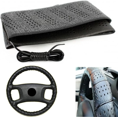 Picture of 2 Black Lace-On Cover Grip Steering Wheel Stretch Vehicle Auto Classic Accessory, Variable