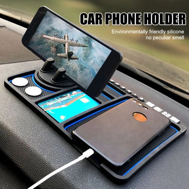Picture of Car Dashboard Anti Slip Phone Mat with 360 Degrees Rotating Phone Holder Non-Slip Multifunctional 6 in 1 Anti-Skid Phone Mat with Parking Numbers for Coins Keys Cell Phones - Blue & Black