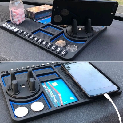 Picture of Car Dashboard Anti Slip Phone Mat with 360 Degrees Rotating Phone Holder Non-Slip Multifunctional 6 in 1 Anti-Skid Phone Mat with Parking Numbers for Coins Keys Cell Phones - Blue & Black