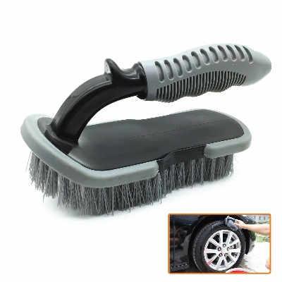 Picture of 1pc,Heavy Duty Tire Cleaning Brush,Washing Tool,TPR Ergonomic Handle,Wheel Brush,Gray+Black,For Car,Scooter,Floor