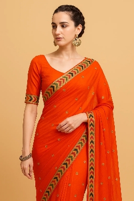 Picture of Georgette Saree with Embroidery Work - Red - MN-701