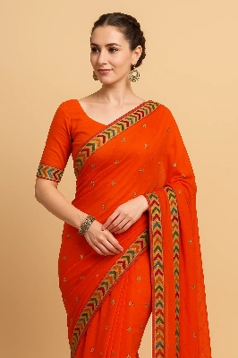 Picture of Georgette Saree with Embroidery Work - Red - MN-701