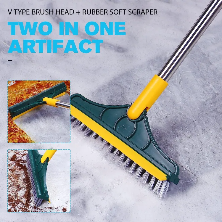 Picture of 2 In 1 Bathroom Long Handle Brush Bristles Floor Ceramic Tile Wall Seam Scrub Toilet Bath Cleaning Tools Hard-bristled Triangular Head Scraper Rotate Cleaning Brush Bathroom Floor Corner Crevice Brush