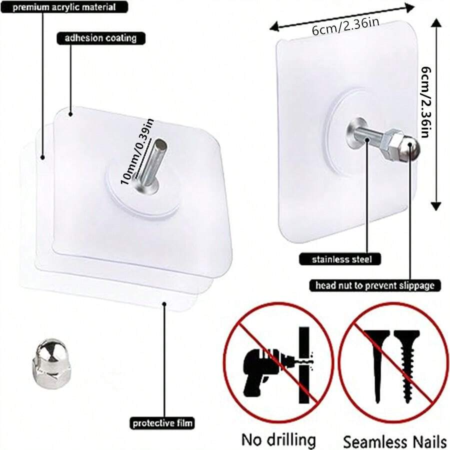 Picture of 10pcs Acrylic Adhesive Hooks, Heavy Duty Transparent Hooks Without Drilling, Suitable For Living Room, Kitchen And Bathroom Storage Hanging