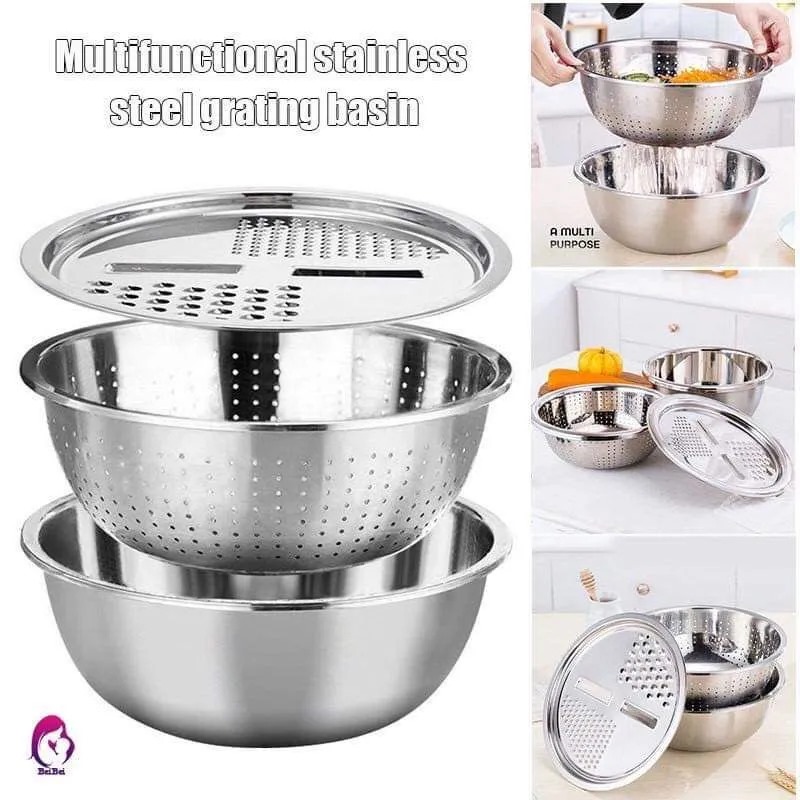 Picture of 3 in 1 Multifunctional Stainless Steel Grating Basin thick stainless steel drain basin kitchen/Vegetables Cutter Set