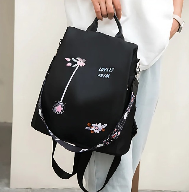 Picture of Women Nylon Zipper Backpack Multi-pocket Large Capacity School Bag (Black)