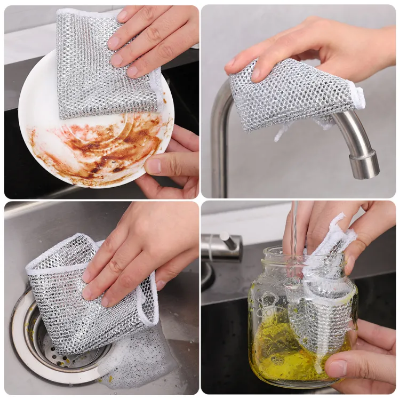 Picture of Kitchen Cleaning Cloths Multi-purpose Wire Dishcloth Kitchen Cooktop Dishwashing Cloths Wet & Dry Dishcloth