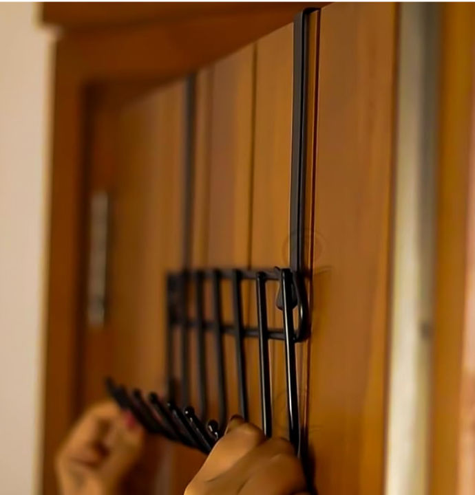 Picture of Multi-Alloy Steel Functional Steel Over The Door Hook Hanger Organizer | Wall Hook Rack | for Hanging Clothes | Door Storage Coat Hooks Behind The Door Organizer (Black)