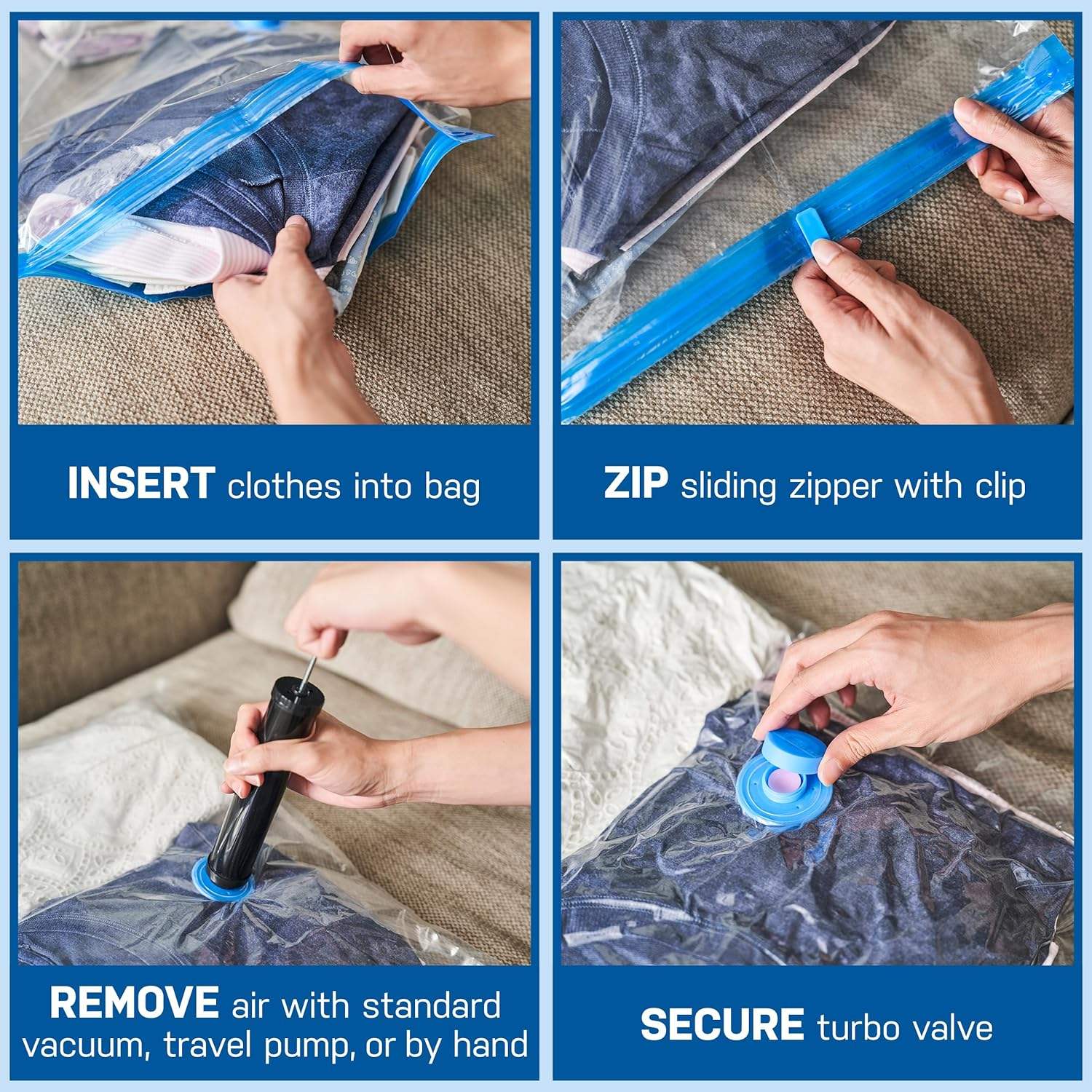 Picture of 4 Pack Small Vacuum Storage Bags with Hand Pump - Space Saver Solution for Home Organization  Vacuum bag Combo set