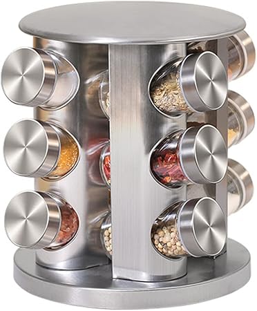 Picture of Stainless Steel & Glass Spice Jar Set - 12 Jars Rotating Kitchen Spice Rack