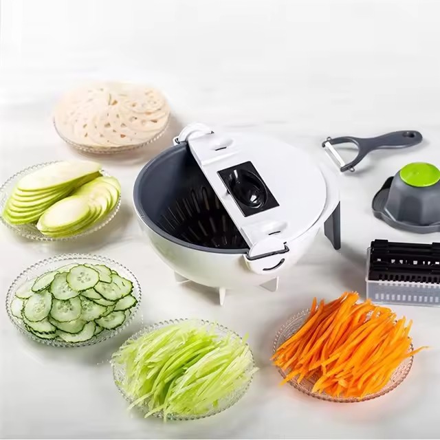 Picture of Kitchen Multi Functional Shredder Wet Fruits Drain Basket Blade Cutter Manual 9 in 1 Slicer Vegetable Grater