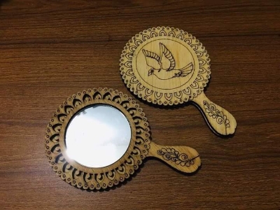 Picture of Wooden Craft Embossed Design Mini Pocket Make Up Mirror With Handle