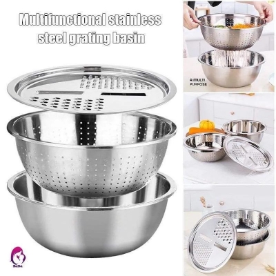 Picture of 3 in 1 Multifunctional Stainless Steel Grating Basin thick stainless steel drain basin kitchen/Vegetables Cutter Set