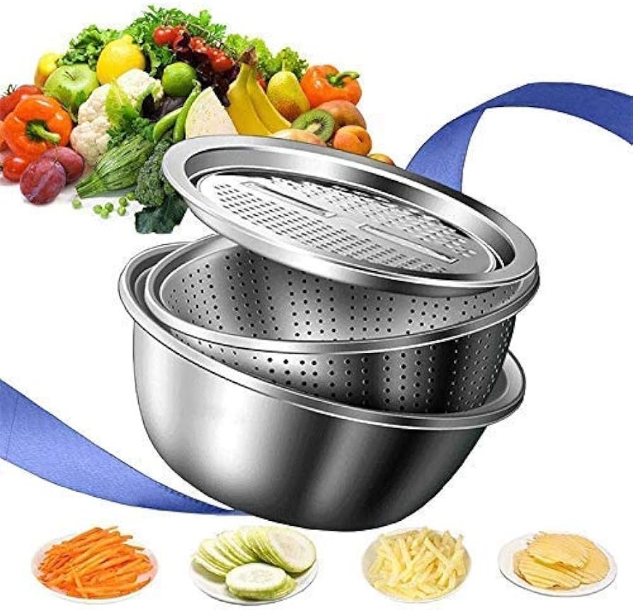 Picture of 3 in 1 Multifunctional Stainless Steel Grating Basin thick stainless steel drain basin kitchen/Vegetables Cutter Set