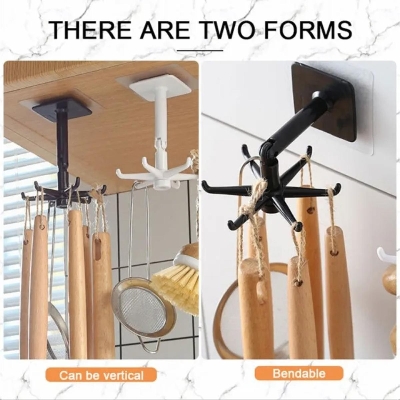 Picture of Kitchen Hook Storage Rotating Racks Holder spatula spoon Organizer Telescopic Self Adhesive Storage 6 Hooks Cooking Spoon Hanging Bathroom Home Wall Hanger