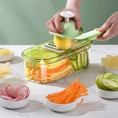 Picture of 6-in-1 Mandoline Slicer For Kitchen, Adjustable Food Slicer with 6 Stainless Steel Blades, Vegetable Slicer Julienne Cutter Cheese Grater with Hand Guard and Container