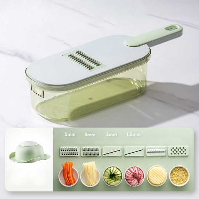 Picture of 6-in-1 Mandoline Slicer For Kitchen, Adjustable Food Slicer with 6 Stainless Steel Blades, Vegetable Slicer Julienne Cutter Cheese Grater with Hand Guard and Container