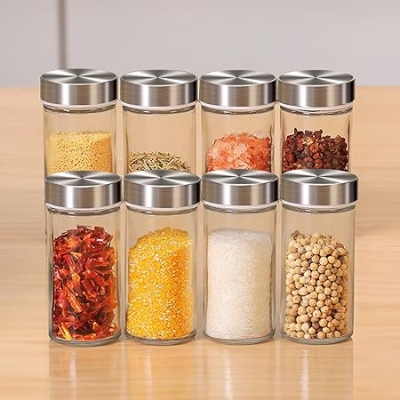 Picture of Stainless Steel & Glass Spice Jar Set - 12 Jars Rotating Kitchen Spice Rack