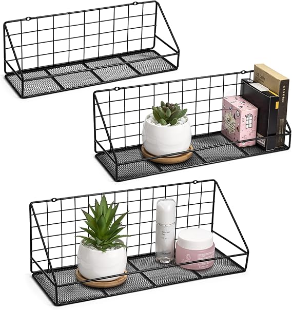 Picture of Floating Shelves Set of 3, Wall Mounted Storage Rack Shelves for Bedroom, Living Room, Bathroom, Kitchen, Office and More - Carbonized Black