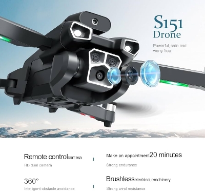 Picture of S151 Drone 4K HD 3 Camera ESC Obstacle Avoidance Brushless Motor Foldable Drone - Black with Laser Sensor t