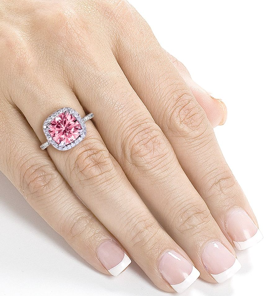 Picture of Pink Square Halo Cushion Zirconia Diamond Cut 925 Sterling Ring For Girls