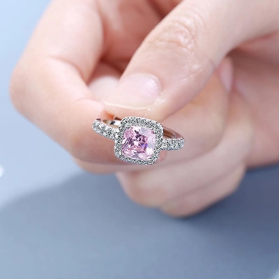 Picture of Pink Square Halo Cushion Zirconia Diamond Cut 925 Sterling Ring For Girls