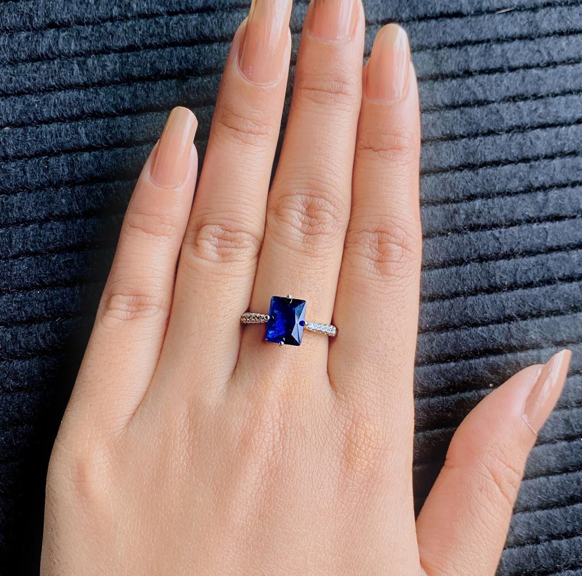 Picture of Blue Sapphire Engagement Ring Emerald Cut Sapphire Ring Wedding Jewelry Diamond Band Promise Ring White Gold ring Emerald Ring