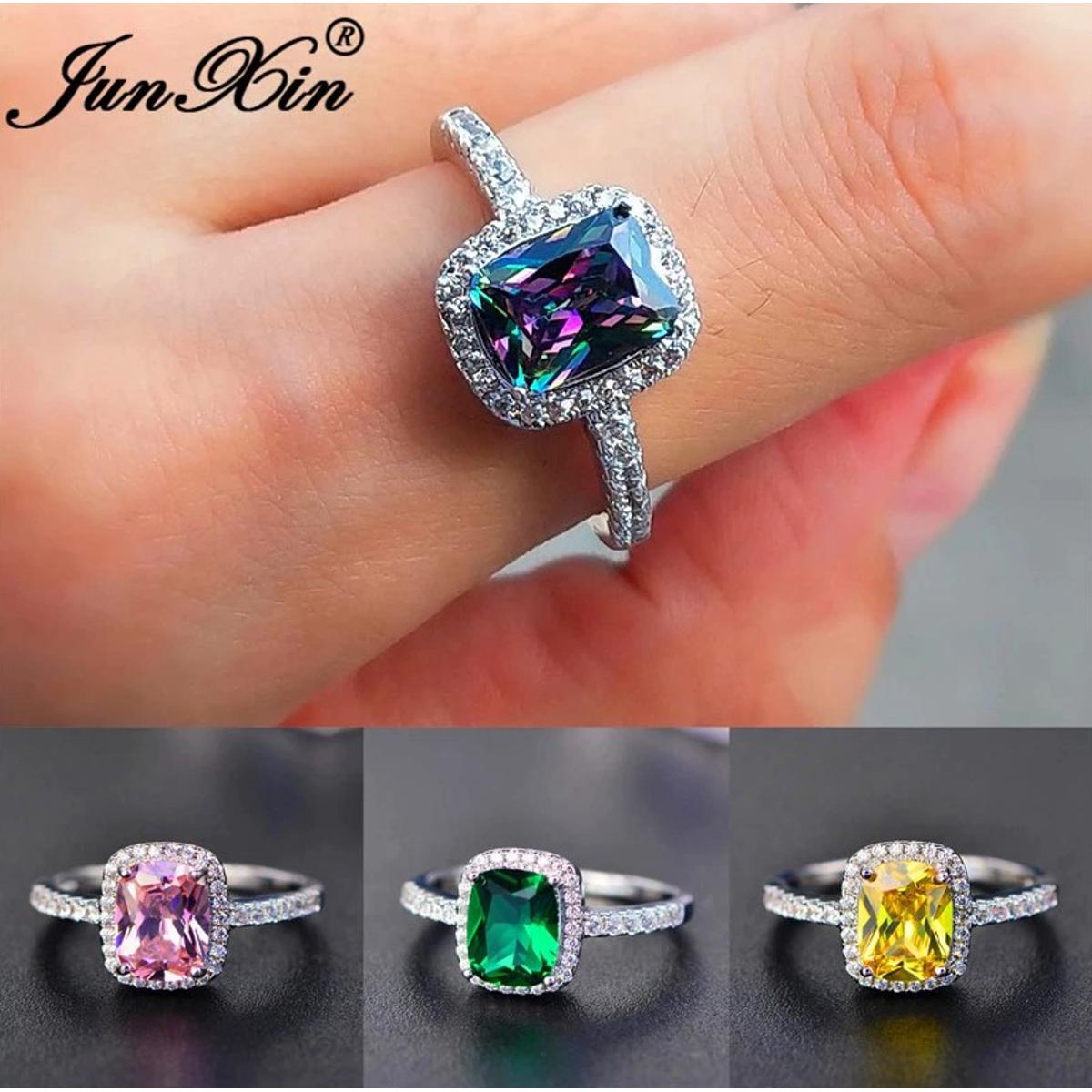 Picture of Sterling Silver Color Square Zircon Blue, Pink, Green Stone (You Can Customise) Wedding Engagement Ring