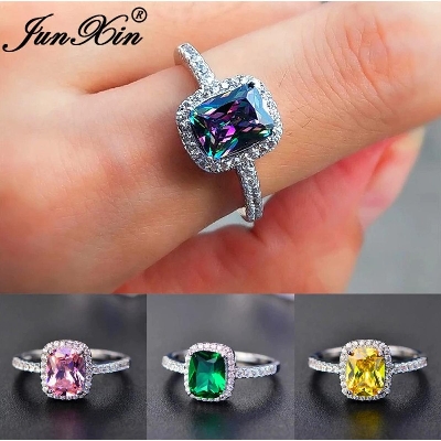Picture of Sterling Silver Color Square Zircon Blue, Pink, Green Stone (You Can Customise) Wedding Engagement Ring