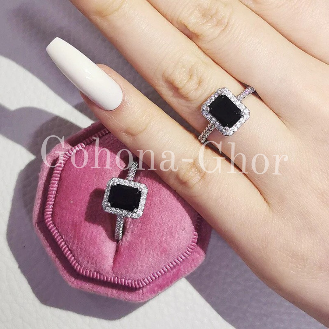 Picture of Emerald Cut Moissanite Engagement Ring Antique Minimalist Hidden Halo Anniversary Ring For Lady